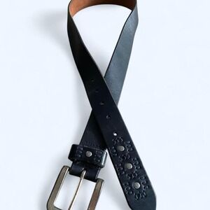 Black leather western embroidered belt with silver buckle